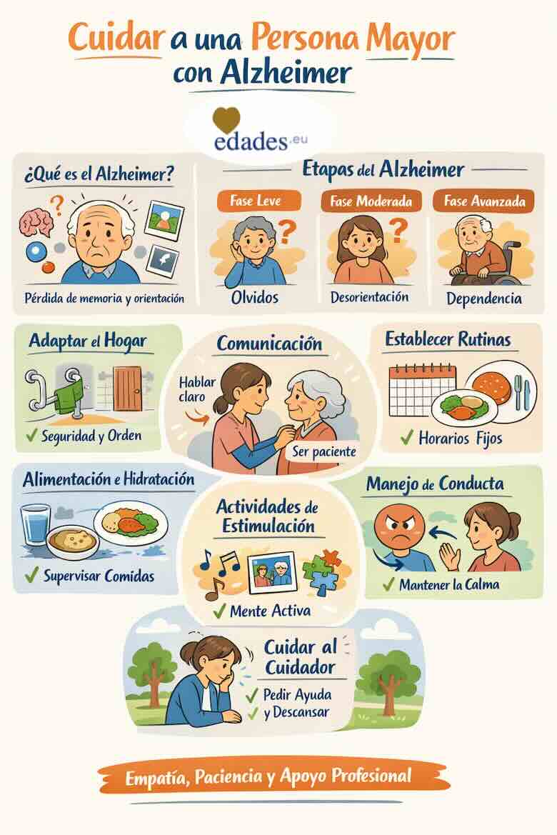Cuidar a una persona mayor con Alzheimer: guía práctica para familias y cuidadores El diagnóstico de Alzheimer cambia la vida de toda la familia. Esta enfermedad neurodegenerativa, descrita por primera vez por Alois Alzheimer, afecta progresivamente la memoria, el pensamiento y la conducta. Con el paso del tiempo, la persona necesita cada vez más apoyo para realizar actividades básicas. Cuidar a una persona mayor con Alzheimer no solo implica atender sus necesidades físicas, sino también acompañarla emocionalmente, proteger su dignidad y adaptar el entorno para garantizar su seguridad. En este artículo encontrarás recomendaciones prácticas para ofrecer un cuidado de calidad, humano y seguro. ⸻ Comprender qué es el Alzheimer y cómo evoluciona La Enfermedad de Alzheimer es la causa más frecuente de demencia en personas mayores. Su evolución suele dividirse en tres fases: 1. Fase leve • Olvidos frecuentes. • Dificultad para encontrar palabras. • Desorientación en lugares conocidos. • Cambios leves de personalidad. En esta etapa la persona puede seguir siendo relativamente autónoma, pero necesita supervisión y apoyo puntual. 2. Fase moderada • Pérdida importante de memoria. • Dificultad para reconocer familiares. • Problemas para vestirse o asearse. • Alteraciones del comportamiento (agitación, irritabilidad, apatía). Aquí el acompañamiento diario se vuelve imprescindible. 3. Fase avanzada • Dependencia total. • Pérdida del lenguaje. • Problemas para tragar. • Movilidad muy reducida. En esta etapa el cuidado es integral y constante. Comprender estas fases permite anticiparse y adaptar el entorno y la atención a cada momento. ⸻ Cómo cuidar a una persona mayor con Alzheimer en casa 1. Crear un entorno seguro La seguridad es prioritaria. Algunas medidas esenciales incluyen: • Retirar alfombras o cables sueltos. • Instalar barras de apoyo en baño. • Colocar cerraduras seguras en puertas si hay riesgo de deambulación. • Etiquetar cajones y estancias con palabras o imágenes. Una casa ordenada y predecible reduce la ansiedad y los accidentes. ⸻ 2. Establecer rutinas diarias Las rutinas aportan tranquilidad. Intenta que las actividades principales (comidas, baño, descanso) se realicen siempre a la misma hora. Las personas con Alzheimer se sienten más seguras cuando saben qué esperar. Cambios bruscos pueden generar desorientación o agitación. ⸻ 3. Comunicación clara y respetuosa La forma de comunicarse marca una gran diferencia: • Habla despacio y con frases cortas. • Mantén contacto visual. • Evita corregir constantemente. • Utiliza un tono calmado y afectuoso. Cuando aparezcan confusiones, no discutas ni confrontes. Redirige la conversación con suavidad. ⸻ 4. Fomentar la autonomía Aunque la enfermedad avance, es importante permitir que la persona haga por sí misma lo que aún pueda: • Vestirse con ropa sencilla. • Participar en tareas ligeras. • Elegir entre dos opciones simples. Esto fortalece su autoestima y mantiene capacidades activas durante más tiempo. ⸻ 5. Controlar la alimentación y la hidratación Con el avance del Alzheimer pueden aparecer dificultades para comer o beber. Recomendaciones clave: • Ofrecer comidas fáciles de masticar. • Servir raciones pequeñas. • Supervisar la ingesta de líquidos. • Evitar distracciones durante las comidas. En fases avanzadas puede ser necesario adaptar texturas o consultar con profesionales sanitarios. ⸻ 6. Manejo de cambios de conducta La agitación, el insomnio o la agresividad suelen ser consecuencia de miedo, dolor o confusión. Antes de reaccionar, pregúntate: • ¿Tiene hambre? • ¿Está incómodo? • ¿Necesita ir al baño? • ¿Hay demasiado ruido o estímulos? Mantener la calma es esencial. La validación emocional suele funcionar mejor que la confrontación. ⸻ Actividades recomendadas para estimular la mente La estimulación cognitiva ayuda a mantener funciones durante más tiempo. Algunas actividades útiles: • Escuchar música de su juventud. • Mirar álbumes de fotos. • Juegos sencillos de asociación. • Paseos cortos. • Ejercicios de movilidad suave. No se trata de exigir rendimiento, sino de generar bienestar y conexión emocional. ⸻ El papel del cuidador: autocuidado y apoyo Cuidar a una persona mayor con Alzheimer puede resultar física y emocionalmente agotador. El síndrome del cuidador quemado es una realidad frecuente. Algunas recomendaciones fundamentales: • Pedir ayuda cuando sea necesario. • Delegar tareas. • Reservar tiempo personal. • Buscar apoyo psicológico si se necesita. • Informarse y formarse sobre la enfermedad. Contar con apoyo profesional especializado en el cuidado de personas mayores marca una gran diferencia en la calidad de vida tanto del paciente como de la familia. ⸻ Cuándo considerar ayuda profesional Hay situaciones en las que el apoyo externo es clave: • Dependencia avanzada. • Riesgo de caídas frecuentes. • Deambulación nocturna. • Dificultad para movilizar a la persona. • Sobrecarga del cuidador principal. Un servicio profesional de cuidado domiciliario puede ofrecer atención personalizada, supervisión médica coordinada y acompañamiento emocional. ⸻ Consejos prácticos para el día a día • Identifica a la persona con pulsera o tarjeta si existe riesgo de pérdida. • Simplifica el vestuario (velcro en lugar de botones). • Mantén una iluminación adecuada. • Usa calendarios grandes y relojes visibles. • Evita preguntas abiertas complicadas. Pequeños detalles pueden reducir gran parte del estrés diario. ⸻ Cuidar con empatía y dignidad Detrás del Alzheimer sigue estando la misma persona. Aunque la memoria falle, las emociones permanecen. El cariño, la paciencia y el respeto son pilares fundamentales. Mirar a los ojos, coger la mano o simplemente estar presentes tiene un impacto profundo. El acompañamiento humano es tan importante como cualquier intervención médica. ⸻ Conclusión Cuidar a una persona mayor con Alzheimer es un proceso que exige información, paciencia y apoyo. Adaptar el entorno, establecer rutinas, comunicarse con empatía y fomentar la autonomía son claves para ofrecer un cuidado digno y seguro. Cada etapa plantea nuevos retos, pero también oportunidades para fortalecer vínculos y acompañar con sensibilidad. Con la orientación adecuada y apoyo profesional cuando sea necesario, es posible mejorar la calidad de vida de la persona afectada y de su entorno familiar. En Edades, creemos que el cuidado de personas mayores debe ser humano, personalizado y respetuoso, especialmente cuando se trata de enfermedades como el Alzheimer. Porque cuidar es, ante todo, acompañar.